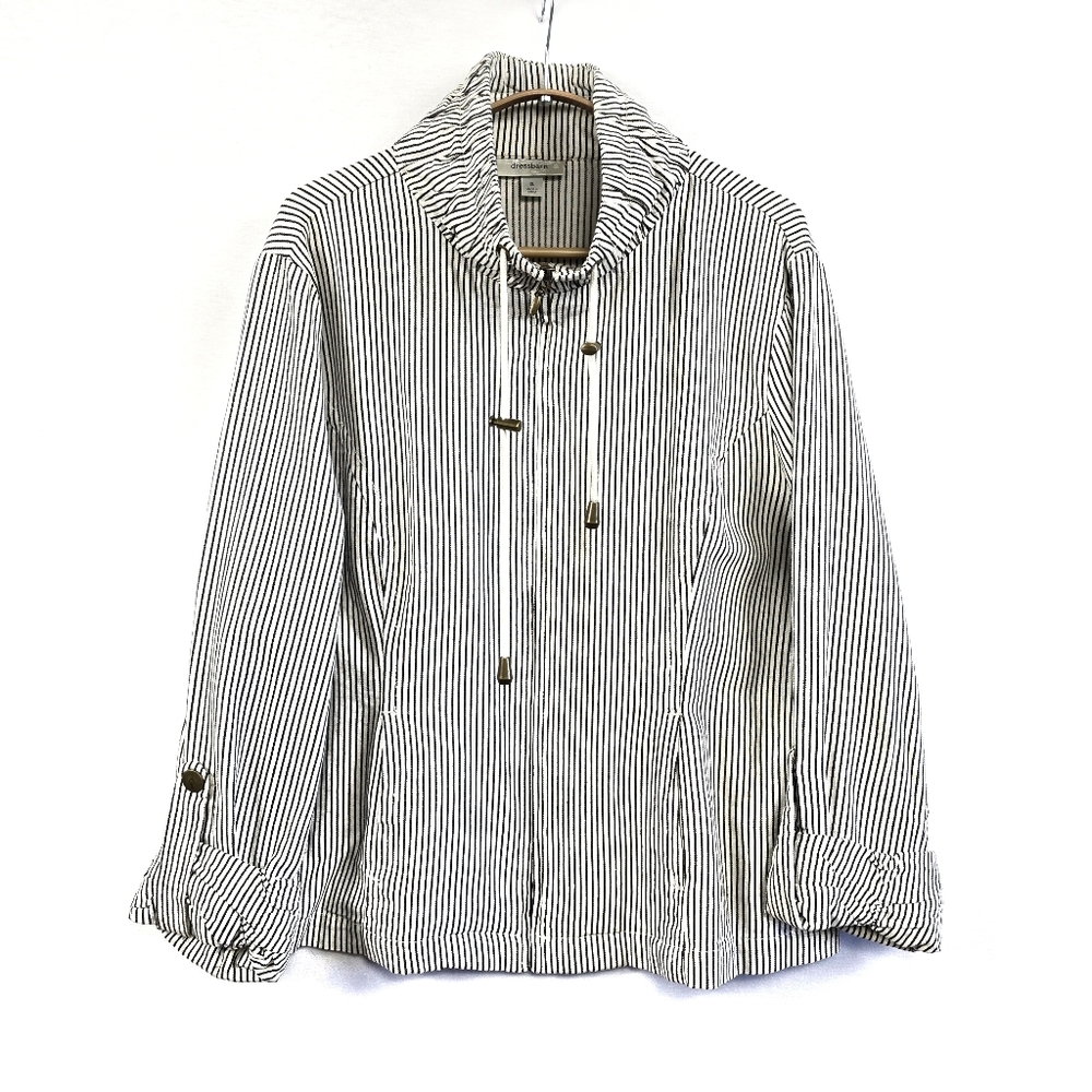 Dressbarn Stripe Live a Little Zip Up Jacket Size XL Black Off White